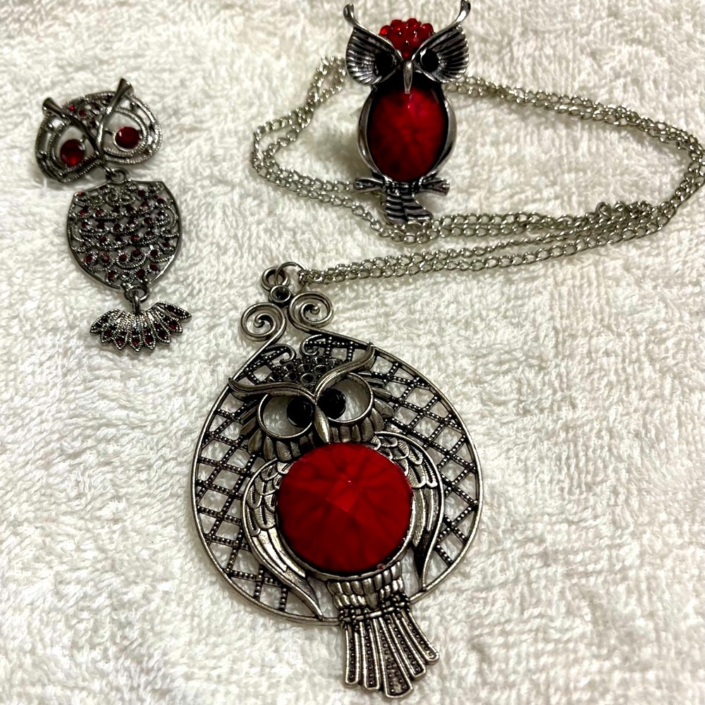 Silver owl necklace, Owl ring and Owl pin, NWOT, smoke free hom